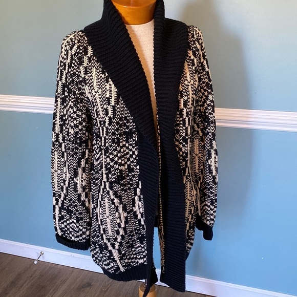 Talbots chunky knit open front black/cream boho print cardigan. Wool blend. Sz M - Picture 1 of 8